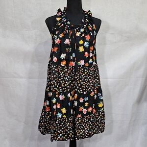 Mud Pie Elgin Swing Dress Floral Ruffle Collar Tiered 100% Cotton Black Size M